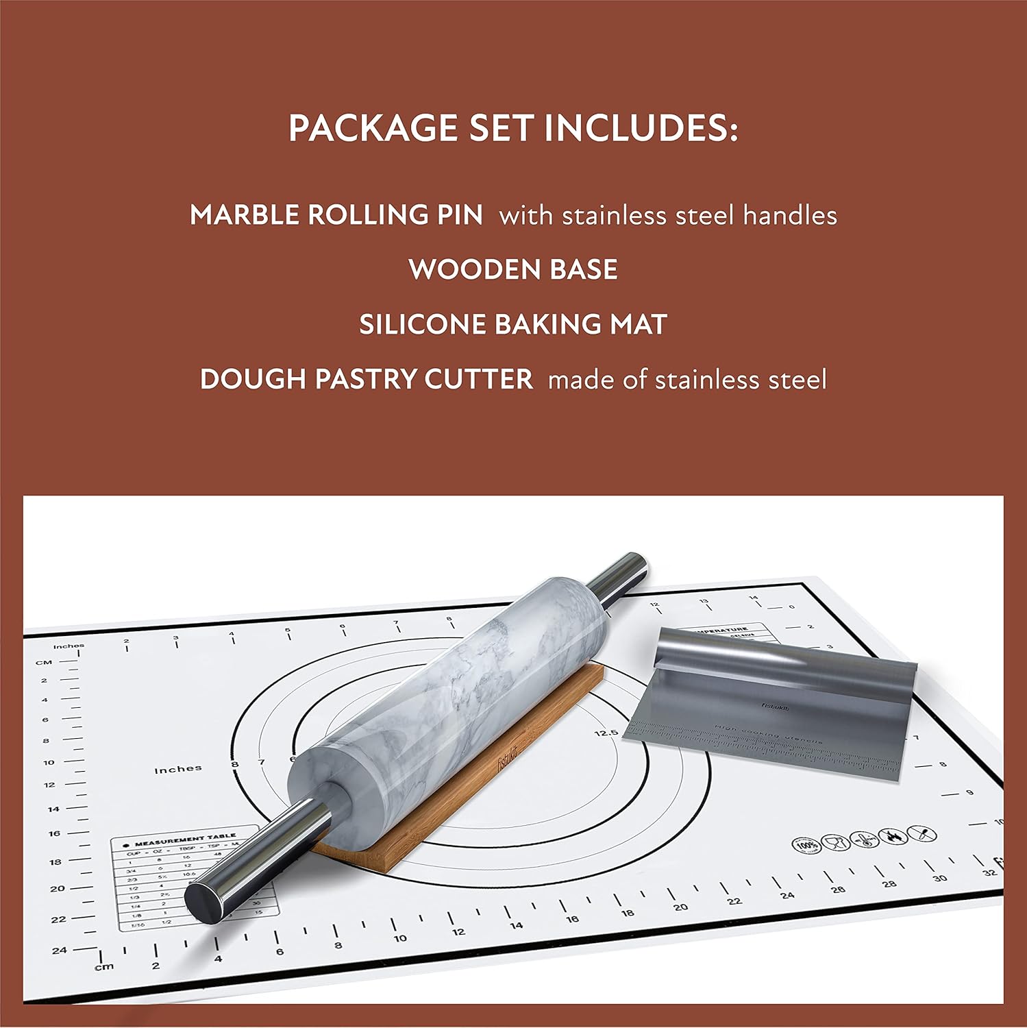 White Marble Rolling Pin with Stainless Steel Handles Baking Set - Silicone Baking Mat, Bench Scraper, Wooden Base