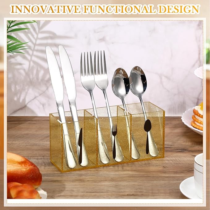 Suzile Acrylic Cutlery Storage Organizer Bin Silverware Caddy Countertop Knife Spoon and Fork Holder Kitchen 3 Section Tableware Storage Box for Cabinet Indoor Home Flatware Dining Room(Gold Pink,M)