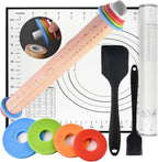 Adjustable Rolling Pin 4 Set and Silicone Baking Pastry Mat Setpastry,Siliconebrush and spatul,AdjustableThickness Rings,Wooden Dough Roller Rolling Pins for Baking Dough, Pizza, Pie