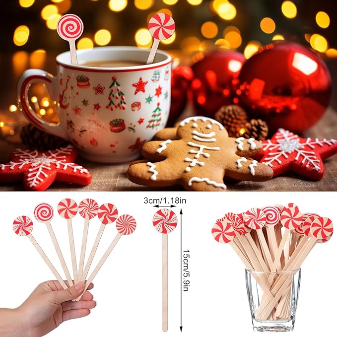 Sliner 120 Pcs 6 Inches Christmas Wooden Coffee Stir Sticks Stripe Candy Coffee Stirrers Disposable Drink Stirrers Candy Beverage Mixer with Round Ends for Cocktail Hot Drinks Party Supplies
