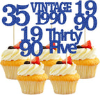 Gyufise 24Pcs Vintage 1990 Cupcake Toppers Glitter Cheers to 35 Fabulous Thirty Five Cupcake Picks 35th Birthday Wedding Anniversary Party Cake Decorations Supplies Deep Blue