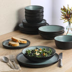 Gibson Elite Tribeca Loft 16-Piece Dinnerware Set – Matte Black and Green Reactive Glaze Stoneware, Double Bowl Round Plates and Bowls – Modern Rustic Tableware for 4, Dishwasher & Microwave Safe