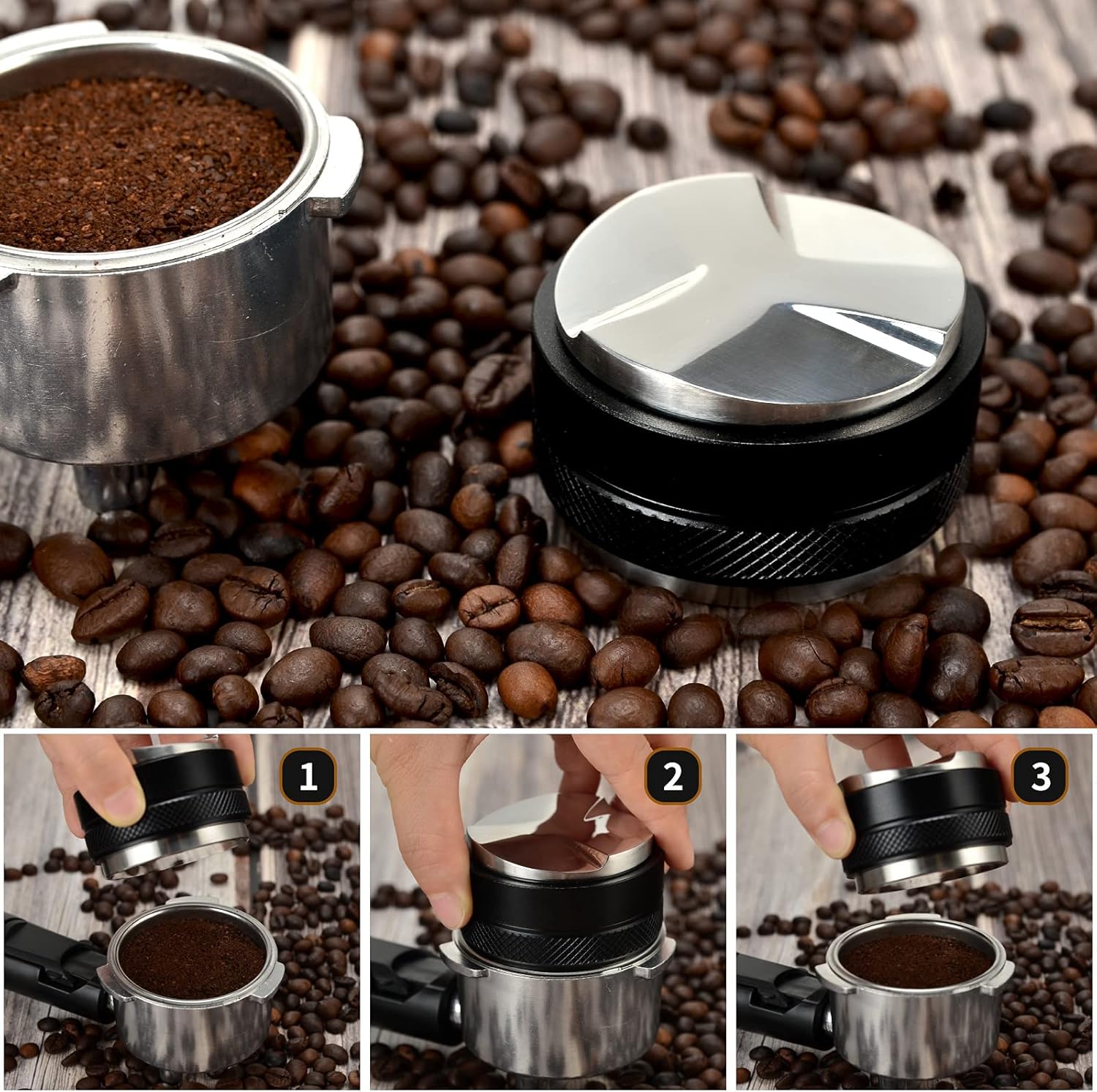 53mm Espresso Distributor & Tamper, Coffee Distributor Adjustable Height, Coffee Leveler Fits with Two-in-one Double-head and Flat-bottom Three Leaf for Macaroons Espresso Coffee