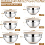 LIANYU Stainless Steel Mixing Bowls Set with Airtight Lids, 6 Piece Nesting Metal Bowls for Kitchen Baking Cooking Serving Food Storage, Size 7, 3.5, 2.5, 2, 1.5, 1QT, Non-slip Bottom, Khaki