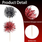 40 PCS Foil Firework Cupcake Toppers Sparkle Tinsel Cupcake Picks Fireworks Birthday Party Decorations Cocktail Fruit Toothpick for Birthday Wedding Graduation Party Decorations Supplies Black Red