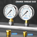 MEANLIN MEASURE 0~100Psi Stainless Steel 1/4" NPT 2.5" FACE DIAL Liquid Filled Pressure Gauge WOG Water Oil Air Lower Mount, with 1/2" NPT and 3/8" NPT Hex Bushing