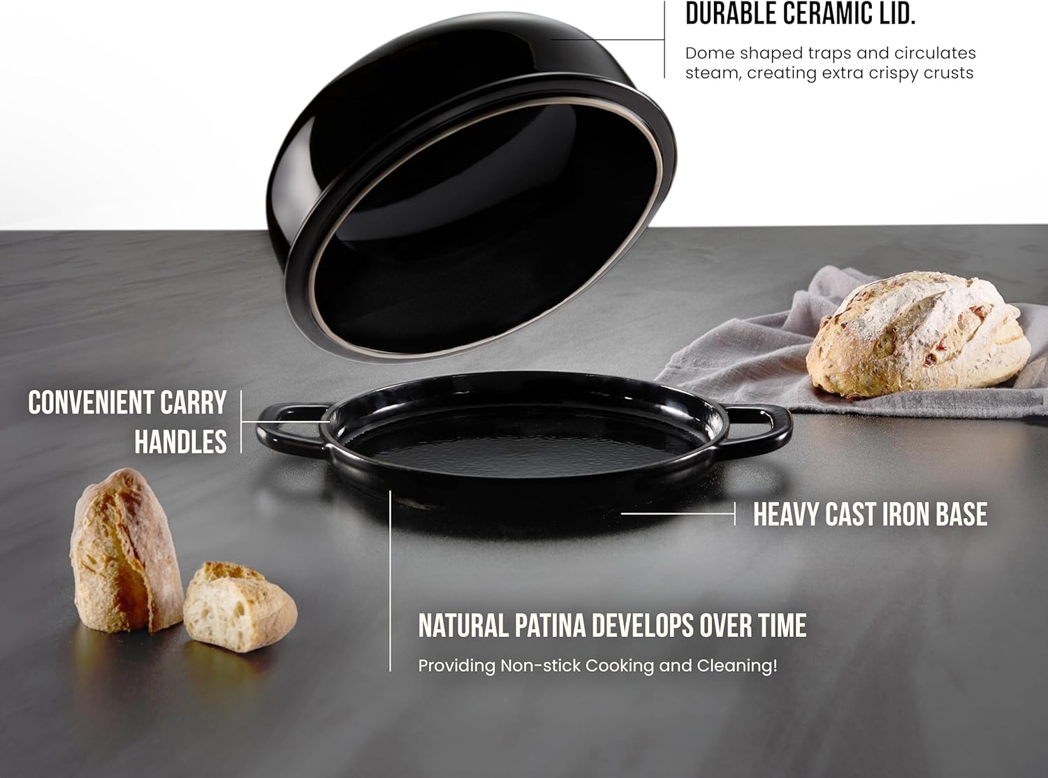 Kook Bread Oven, Sourdough Pan with Lid and Handles, Enameled Cast Iron Pan and Ceramic Lid, For Baking, Cooking, Roasting, Black