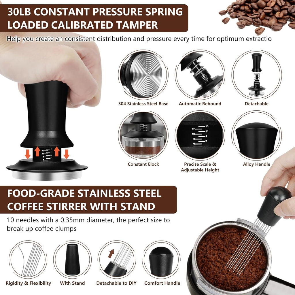 Y-Step 25 PCS Espresso Accessories Kit, Espresso Tamper Kit Coffee Tamper Set, 51mm Espresso Tamper with Spring Loaded Calibrated, 51mm Espresso Puck Screen and Dosing Funnel, WDT Tool, Latte Art Kit