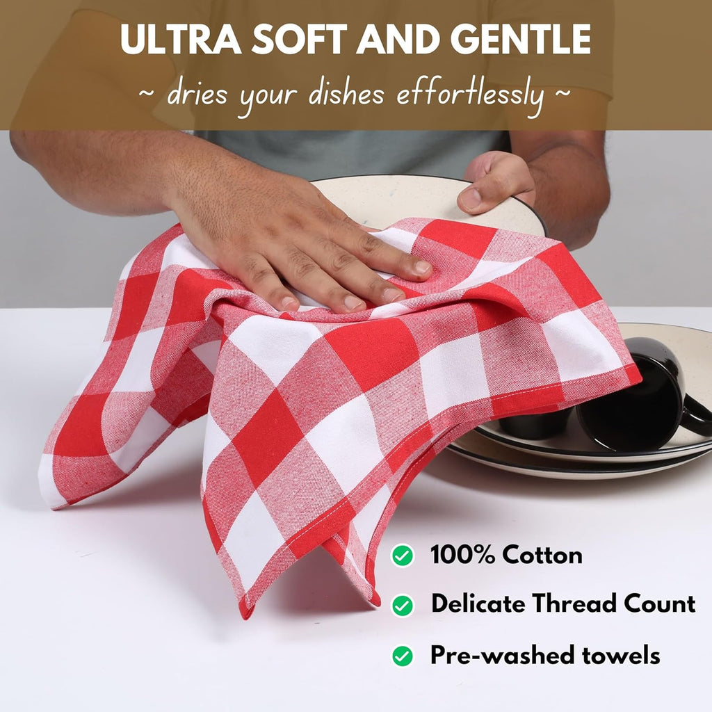 Native Fab 6-Pack Kitchen Towel with Hanging Loop 16x26 inches, Cotton Buffalo Check Kitchen Towels for Cleaning Drying, Washcloths Soft & Absorbent Cloth Rags, Bar Towel, Dish Cloth, Red