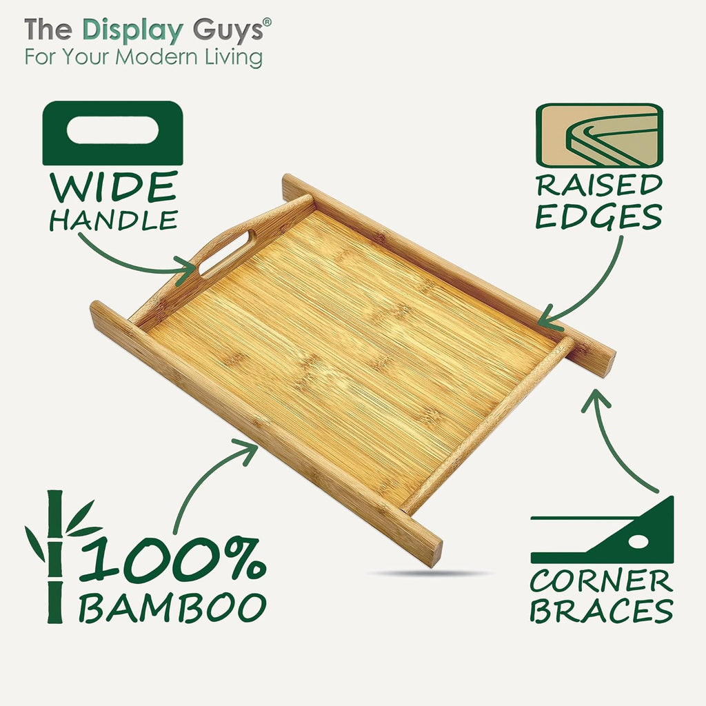 Natural Bamboo Serving Tray w/Handles (Medium) - Decorative Platter for Food, Breakfast, Wooden Coffee Table, Ottoman, Couch, Picnic by The Display Guys