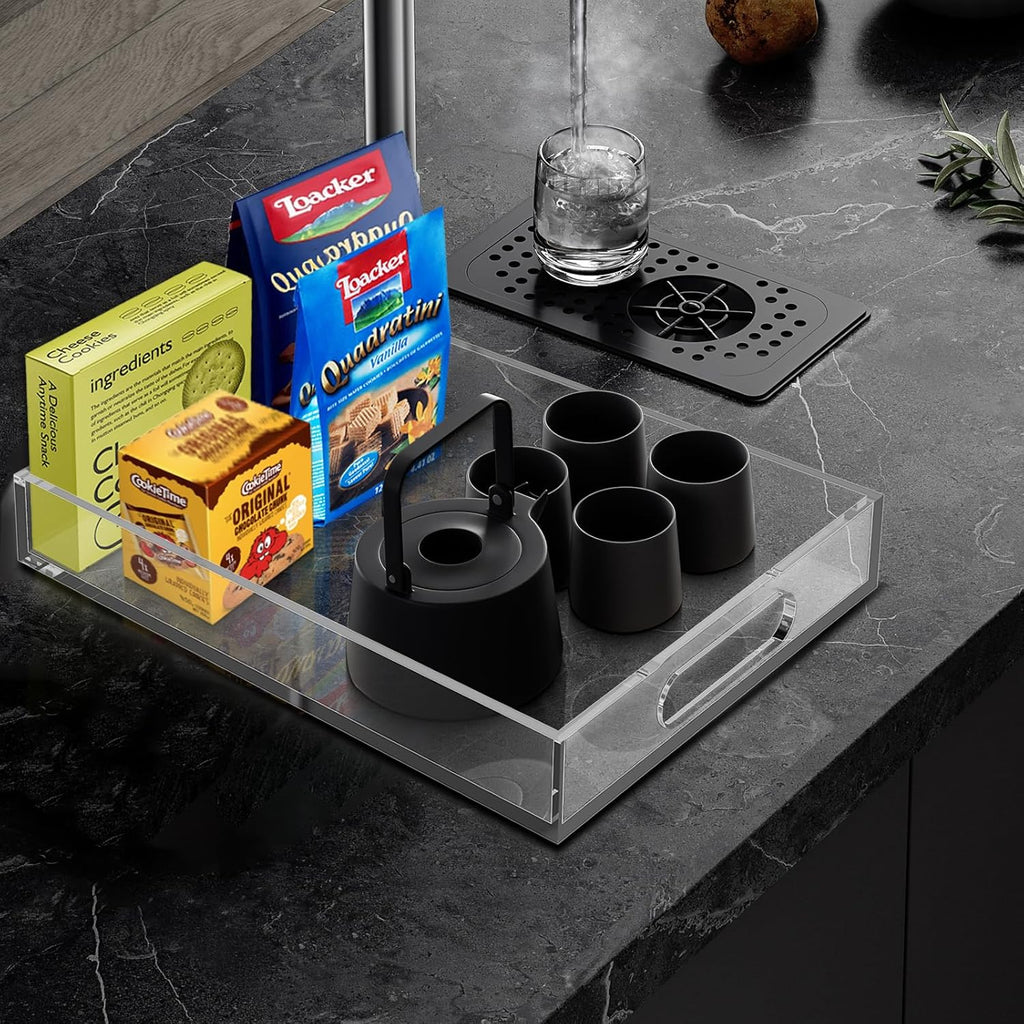 Acrylic Tray for Ottoman,Acrylic Organizers Tray Large, Serving Tray with Handle, Lucite Tray Organizer for Bench, Coffee Table Countertop, Kitchen, Bathroom, Living Room, Powder Room