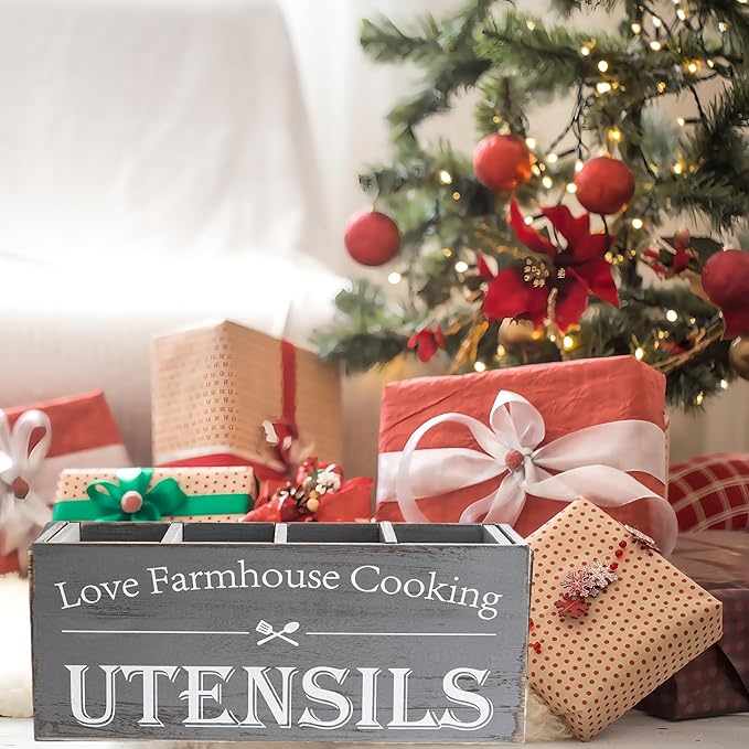 Kitchen Utensil Holder,Farmhouse Wooden Utensil Holder For Kitchen Counter,Extra Large Cooking Spatula Organizer,Big Storage With 4 Compartments Flatware Spoon Tool Cutlery（Grey）