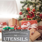 Kitchen Utensil Holder,Farmhouse Wooden Utensil Holder For Kitchen Counter,Extra Large Cooking Spatula Organizer,Big Storage With 4 Compartments Flatware Spoon Tool Cutlery（Grey）