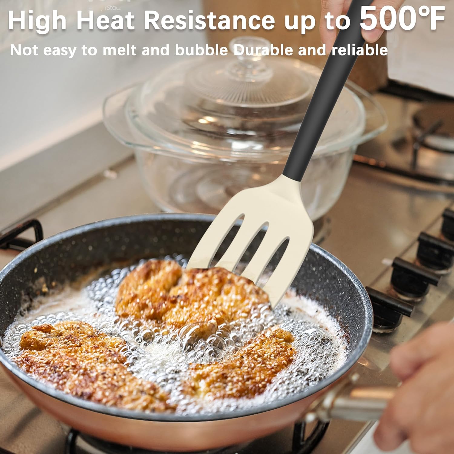 Coukre Silicone Spatula Set of 3, High Heat Resistant, BPA-Free, Kitchen Utensils, Fish Spatula, Solid & Slotted Turner for Non-Stick Pans, Flipping Eggs, Pancakes, Fish, Burgers (3, Beige)