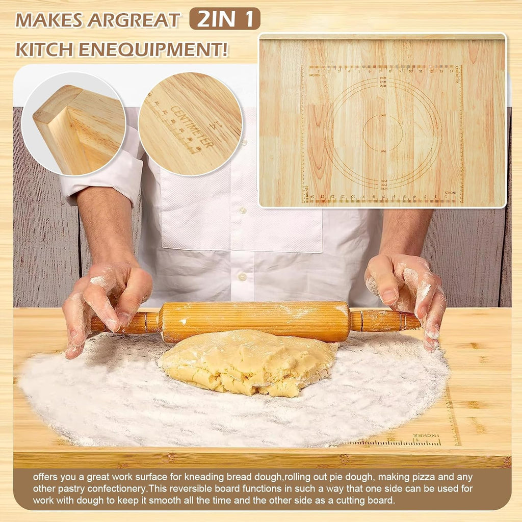 Reversible Wooden Pastry Board, 24" x 20" Wooden Cutting Board with Lip, Pastry Board Cutting Board Chopping Board Pie Board with Engraved Ruler for Counter Top Kitchen