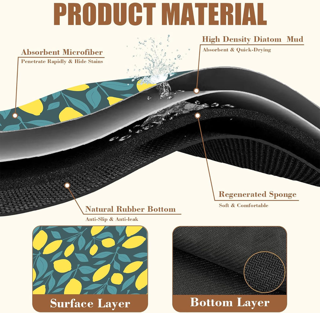 Yellow Lemon and Leaves Coffee Mat Absorbent Dish Drying Mat for Kitchen Counter Hide Stain Rubber Backed Coffee Bar Accessories Fit Under Espresso Machine 15.7 x 23.6 Inch