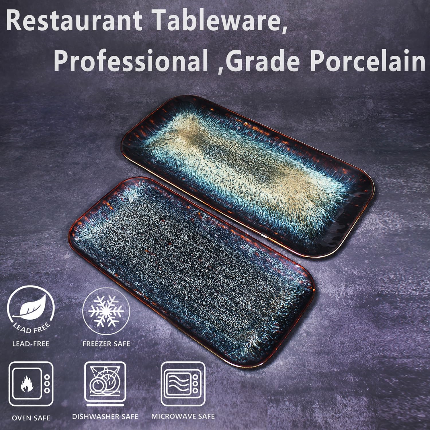 Porcelain Dinner Plates Platters Set of 2, for Fruit, dessert, snack platter, Bread, cupcake, Salad - Microwave, Dishwasher Safe, Scratch Resistant durable, Black Reactive glaze