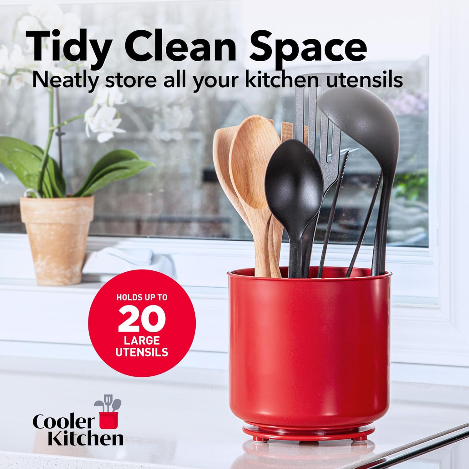 Extra Large Rotating Red Utensil Holder with Sturdy No-Tip Weighted Base, Removable Divider, and Gripped Insert | Rust Proof and Dishwasher Safe Kitchen Utensils Holder by Cooler Kitchen 7*7 Inches