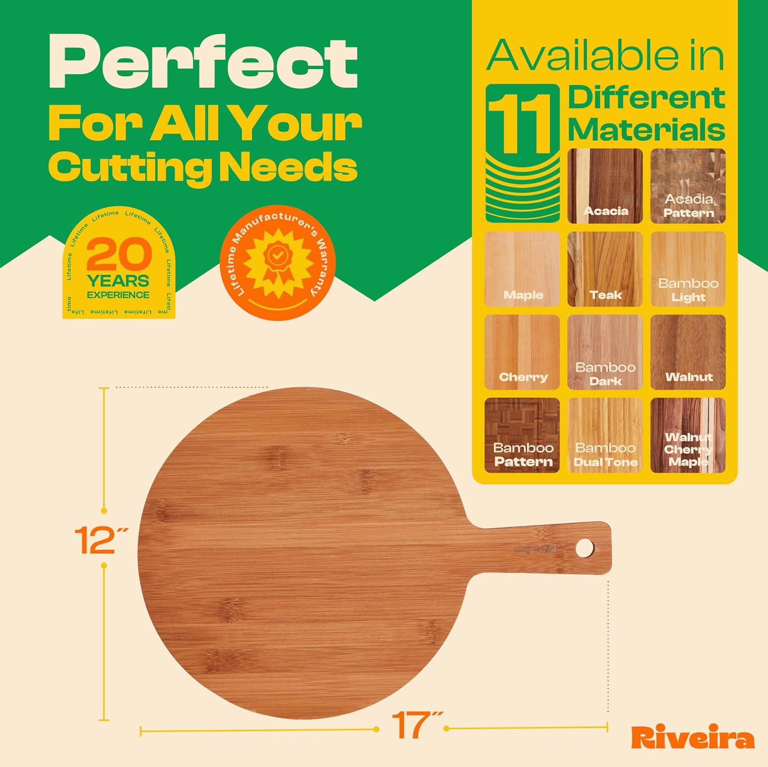 Riveira Brown Bamboo Wood Cutting Board – Gourmet Bamboo Grandeur: 17 x 12 Wooden Cutting Board – Wooden Cutting Boards For Kitchen Decorative – Innovative Juice Grooves Wooden Chopping Board