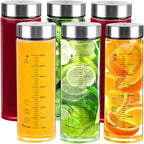 Glass Juice Bottles 6 Pack 16 oz - Wide Mouth Glass Water Bottles with Lids - for Juicing, Protein, Smoothie, Milk, Reusable, BPA Free, Stainless Steel Lids, Blender, Shaker Bottle (16oz/500ml)