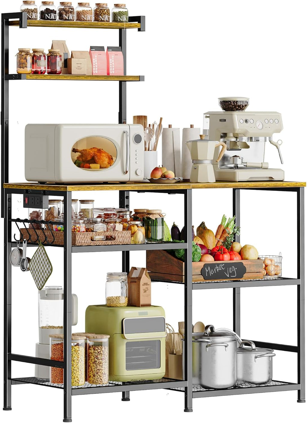 Huuger 39.4 Inch Bakers Rack with Power Outlets, Kitchen Microwave Stand with Storage, Coffee Bar with 4 Hooks, 3-Level Height Open Shelves, Retro Brown