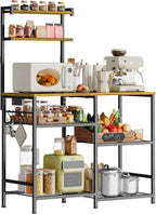 Huuger 39.4 Inch Bakers Rack with Power Outlets, Kitchen Microwave Stand with Storage, Coffee Bar with 4 Hooks, 3-Level Height Open Shelves, Retro Brown