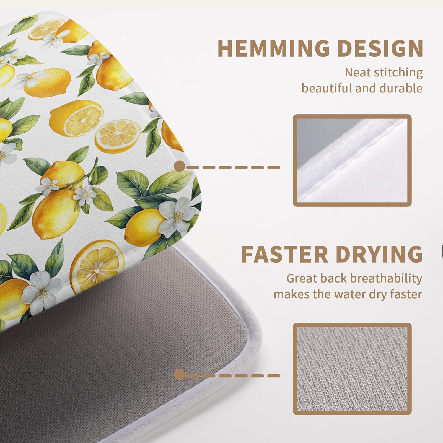 Lemon Dish Drying Mat Spring Summer Kitchen Dish Drying Pad Absorbent Drying Mat for Countertops Dish Dryer Mat Microfiber Dishes Drainer Pad Dish Drying Rack Mat (18x24 in)