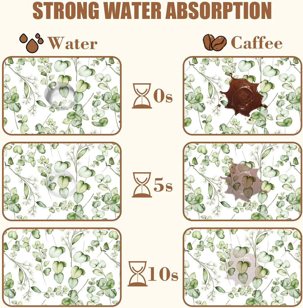 Eucalyptus Leaves Dish Drying Mat for Kitchen Counter Bar Mat Hide Stain Absorbent Rubber Backed Coffee Mat Coffee Maker Espresso Machine Accessories 11.8 x 19.7 Inch