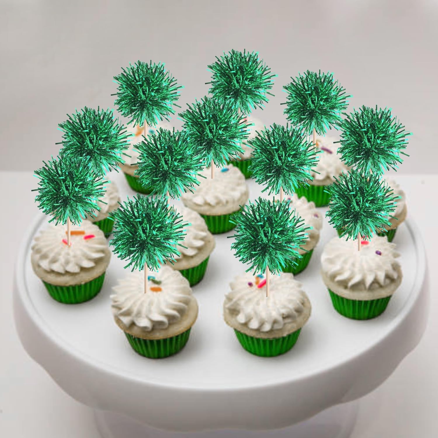 40 PCS Foil Firework Cupcake Toppers Green Sparkler Cupcake Picks Sparkle Tinsel Fireworks Decorations Cocktail Fruit Toothpick for Firework Theme Birthday Wedding Graduation Party Decoration Supplies