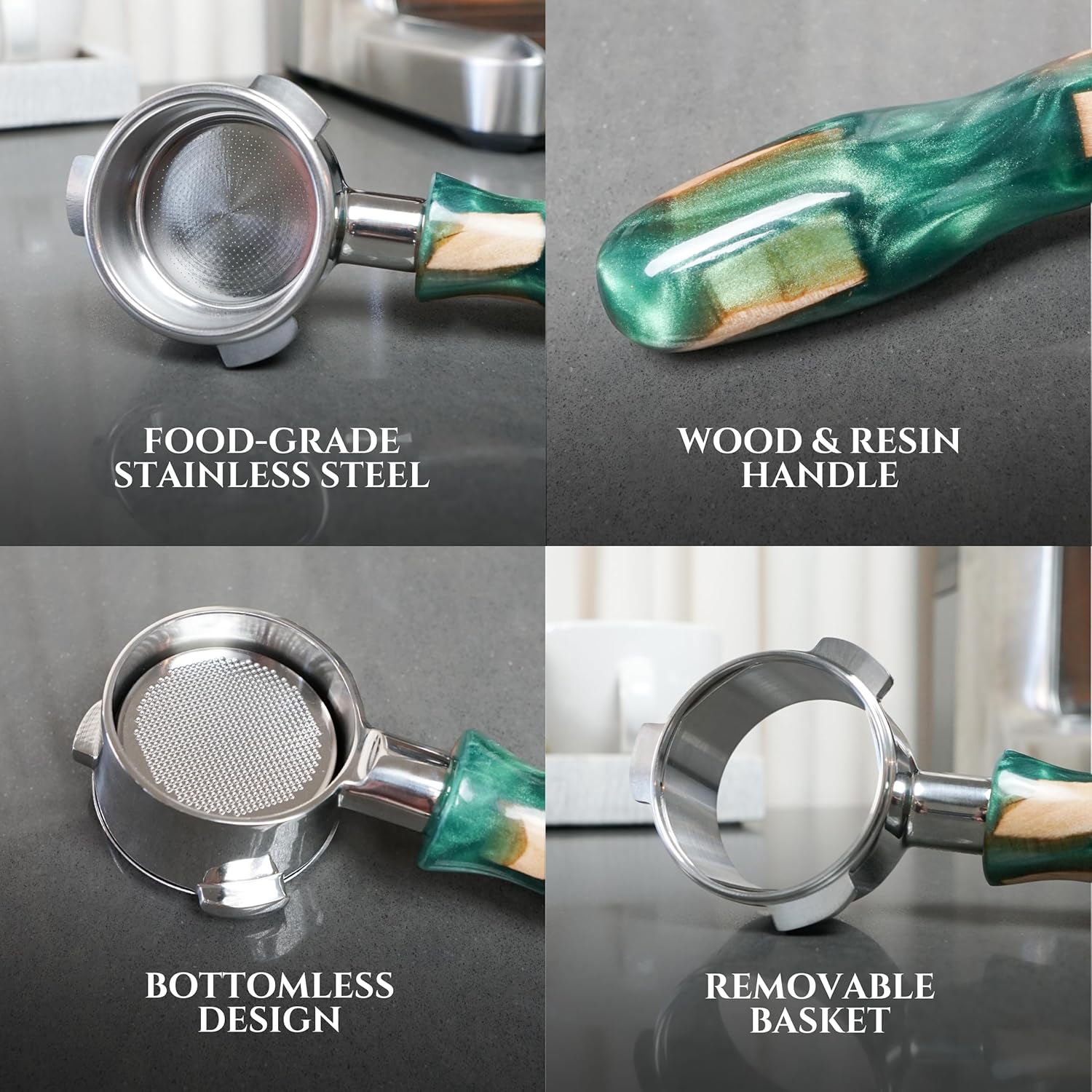 54mm Bottomless Portafilter Modern Handle – Includes Stainless Steel Naked Basket – Fits Breville Barista Express & 54mm Breville Espresso Machines - Espresso Machine Accessories – Green