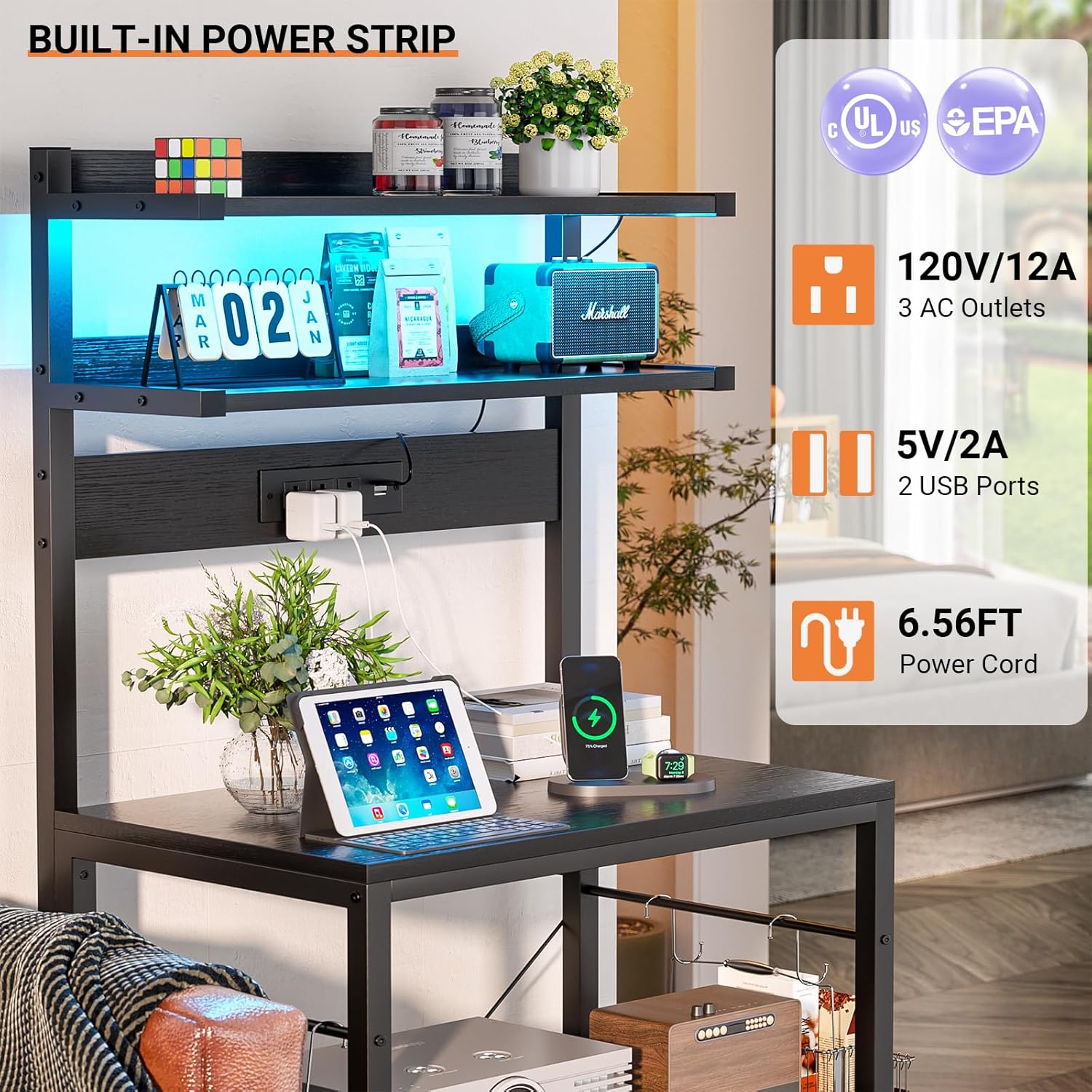 Aheaplus Bakers Rack with Power Outlet, Microwave Stand, 5 Tiers Coffee Bar Station with Led Lights, Kitchen Storage Shelf with 6 S-Shaped Hooks, Kitchen Rack for Spices, Pots and Pans, Black