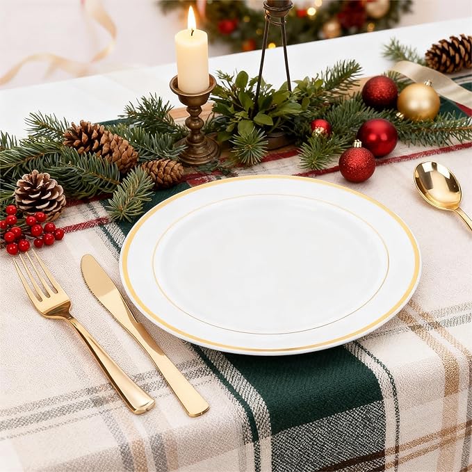 WELLIFE 72PCS Gold Plastic Plate, 10.25Inch Disposable Dinner Plate Party with Gold Rim, Heavy Duty Disposable Plastic Plates for Party, Wedding, Birthday and Christmas