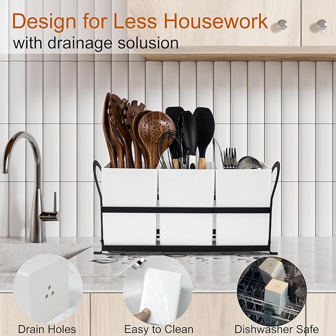Large Kitchen Utensil Holder, Drainage Utensil Caddy for Countertop, 3pcs Bins Set Cooking Utensil Organizer for Spoons, Spatulas, White
