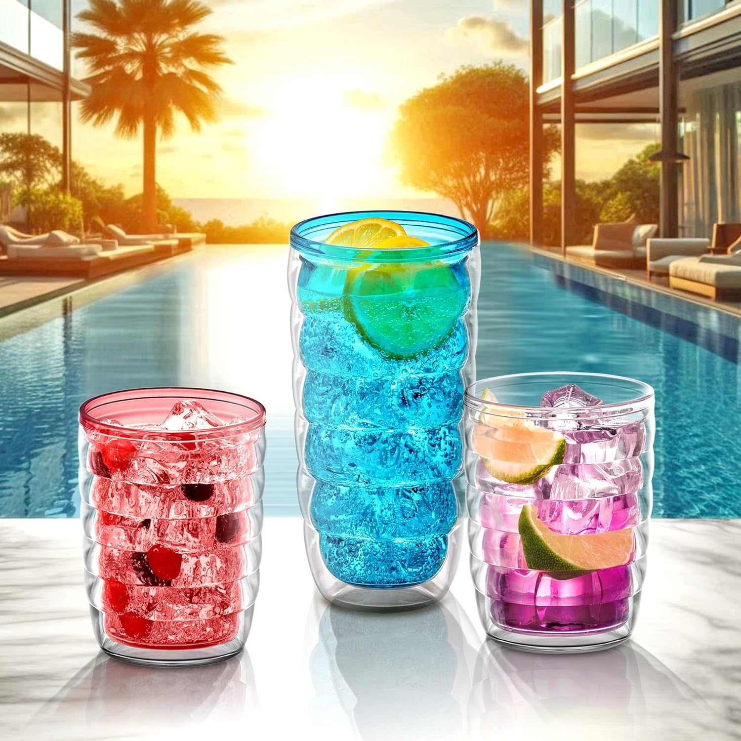 Amazing Abby - Arctic - 24-Ounce Insulated Plastic Tumblers (Set of 4), Double-Wall Plastic Drinking Glasses, Mixed-Color High-Balls, Reusable Cups, BPA-Free, Shatter-Proof, Dishwasher-Safe