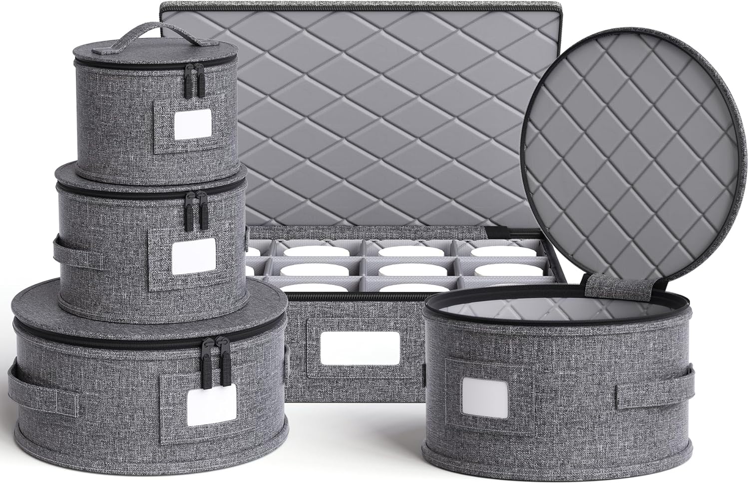 YearningHome China Storage Containers,Hard Shell Box with Felt Dividers for Dishes,Dinnerware,Plates,Mugs,Wine and Glasses,Mugs,Stackable Fine China Storage for Moving and Packing 5 Piece,Grey