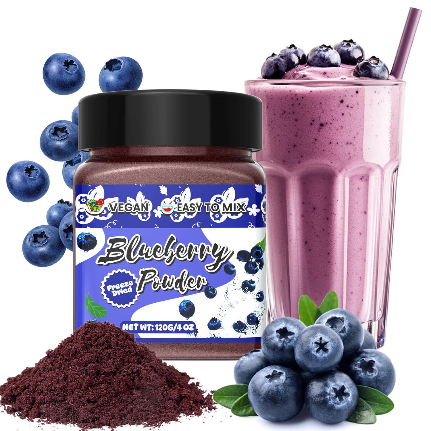 Blueberry Powder - 100% Freeze Dried Blueberries Fruit Powder, No Additives Blueberries Extract for Baking and Flavoring, Rich in Nutrients, Non-GMO, Great for Drinks, Smoothies, Beverages - 4oz