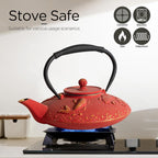 Cast Iron Teapot Set with 2 Tea Cups, 7Pcs Japanese Tea Kettle with Stainless Steel Infuser, Tea Pot Coated with Enameled Interior, Fish Pattern, 27oz 780ml Red