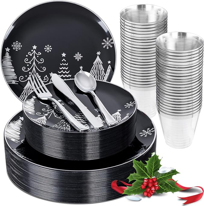 KIRE 150PCS Christmas Plates Disposable & Dinnerware Set for 25 Guests - Black & Silver Plates, Plastic Silverware & Cups With Silver Rim for Christmas Party Supplies