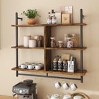 Bestier Floating Pipe Shelving Kitchen Shelves Wall Mounted 3 Tier 41.5" Ladder Coffee Bar Shelf Hanging with Circular Tube, Display Bookshelf Storage for Living Room Kitchen, Rustic Brown