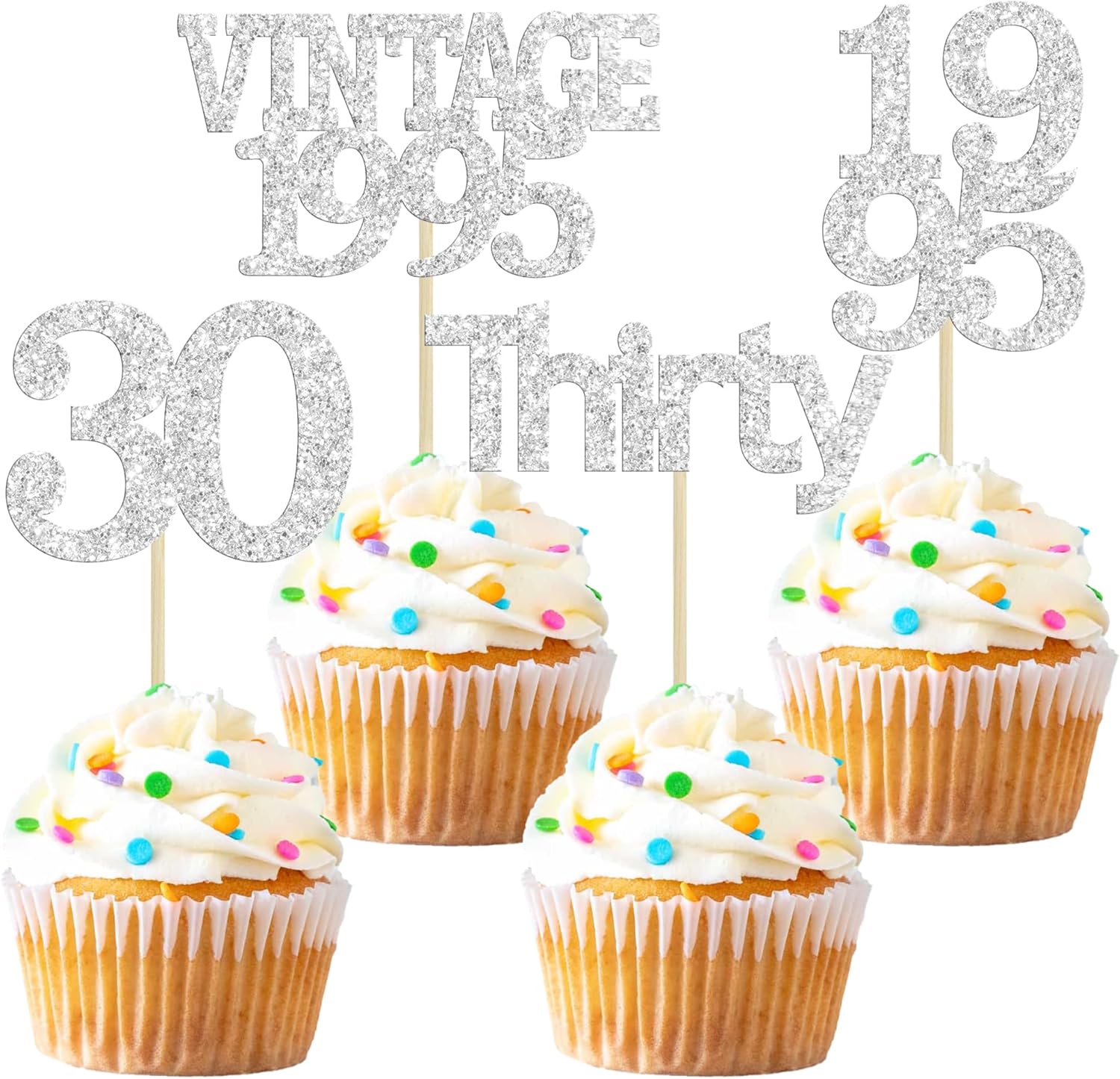 Gyufise 24Pcs Happy 30th Birthday Cupcake Toppers Glitter Thirty 30 Fabulous Vintage 1995 Cupcake Picks for 30th Birthday Wedding Anniversary Party Cake Decorations Supplies Silver