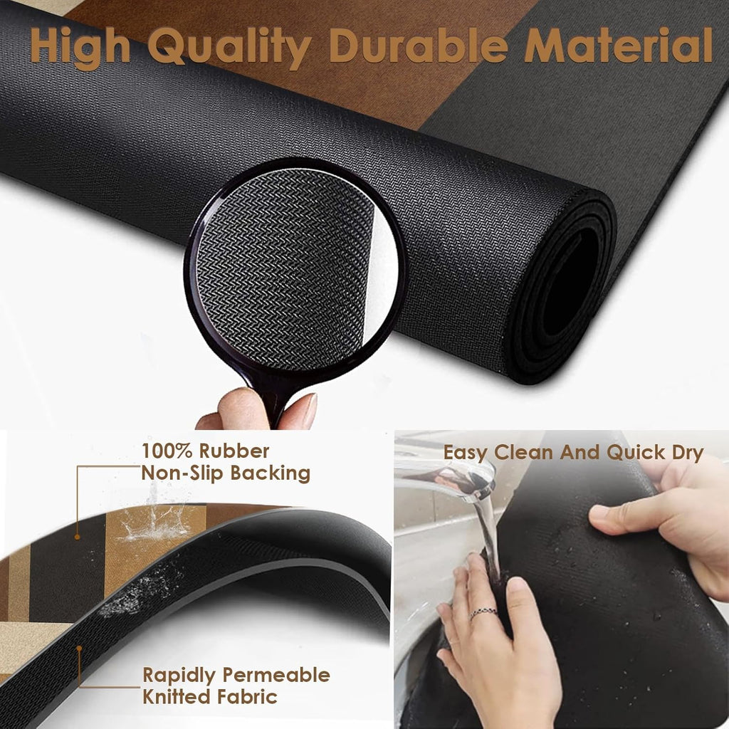 Arttown Coffee Mat for Countertops, Retro Ethnic Geometric Modern Black Brown Dish Drying Mat 2 Pcs for Kitchen Bar Accessories, Coffee Maker Espresso Machine Dish Rack Hide Stain Rubber 12x19in