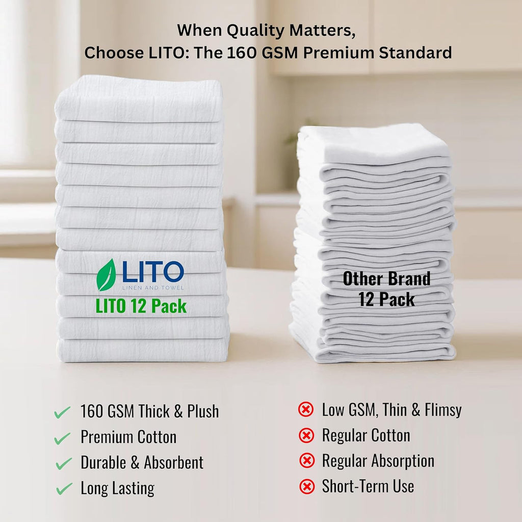 Thick Cotton Napkins – Flour Sack Napkin for Kitchen, Set of 12 (18"x18"), 100% Cotton, Highly Absorbent Hand Towels, Reusable Baking Cloths for Bread Proofing, Pastry & Tea Towels – White