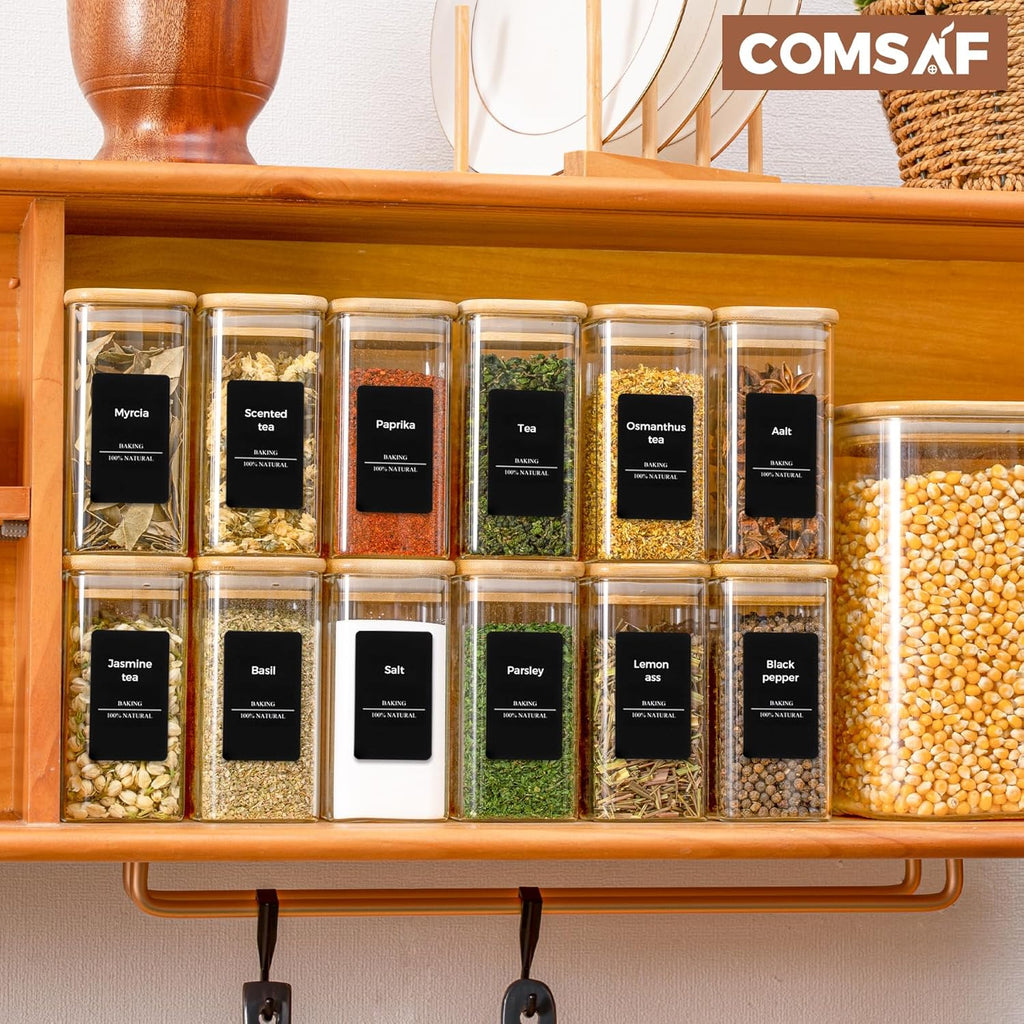 ComSaf 12Pcs Glass Spice Jars with Bamboo Lid, 10oz Airtight Square Containers with 275 Black Lables, Empty Seasoning Jars for Spice Salt Sugar