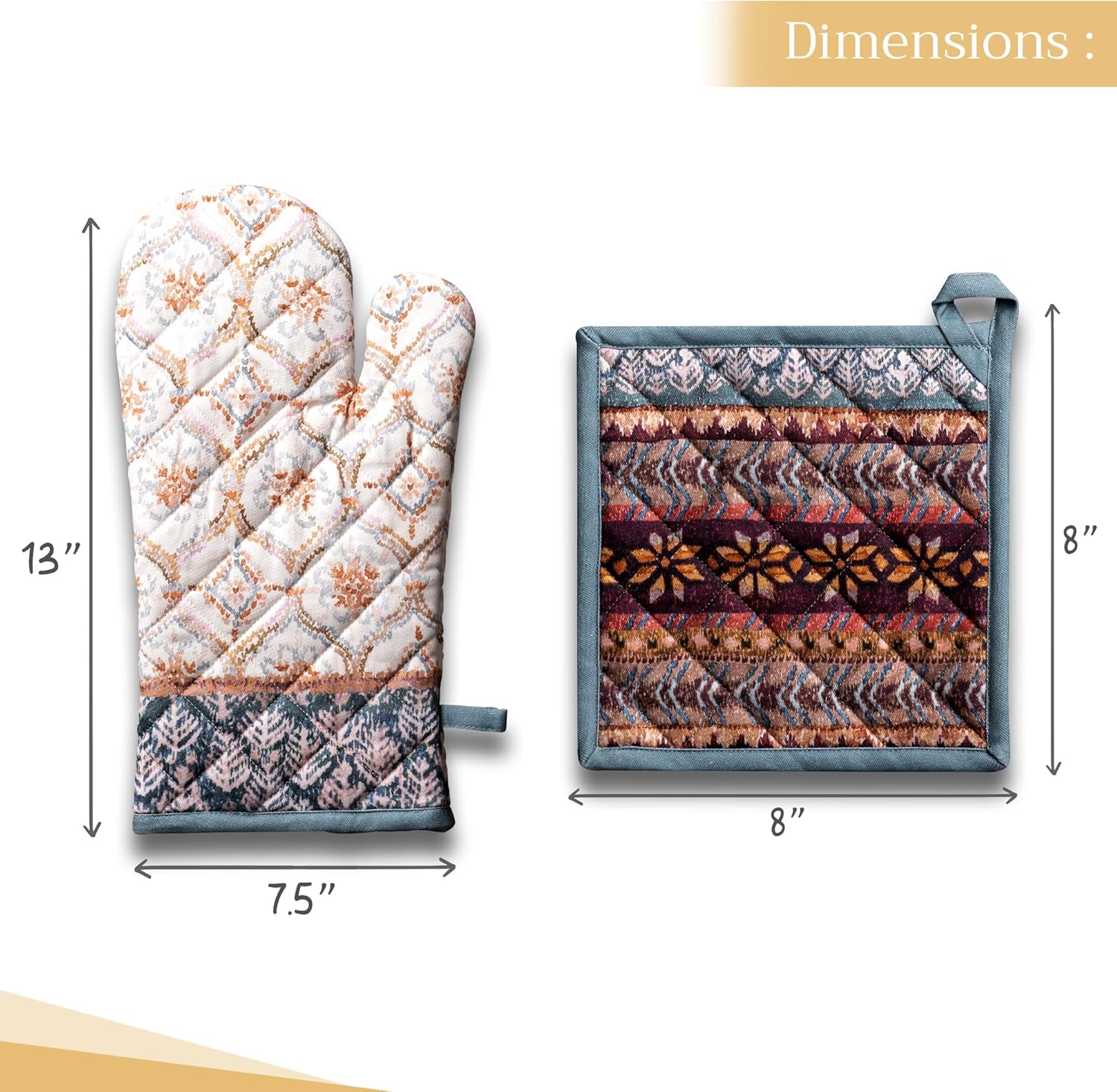 Maison d' Hermine 100% Cotton Oven Mitt & Pot Holder Set (7.5"x13" & 8"x8") Heat Resistant BBQ Cooking Gloves with Loop, Baking, Grilling, Kitchen, Handling Hot Pans (Fair Isle)