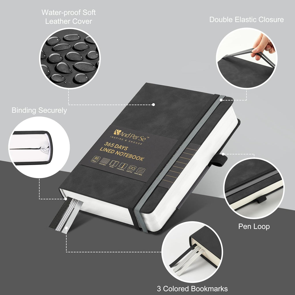 &And Per Se Lined Journal Notebook, 365 Pages, A5, 5.7'' x 8'' 100GSM Thick Paper, Journals for Writing, Hardcover Notebooks for Women Men (Black)