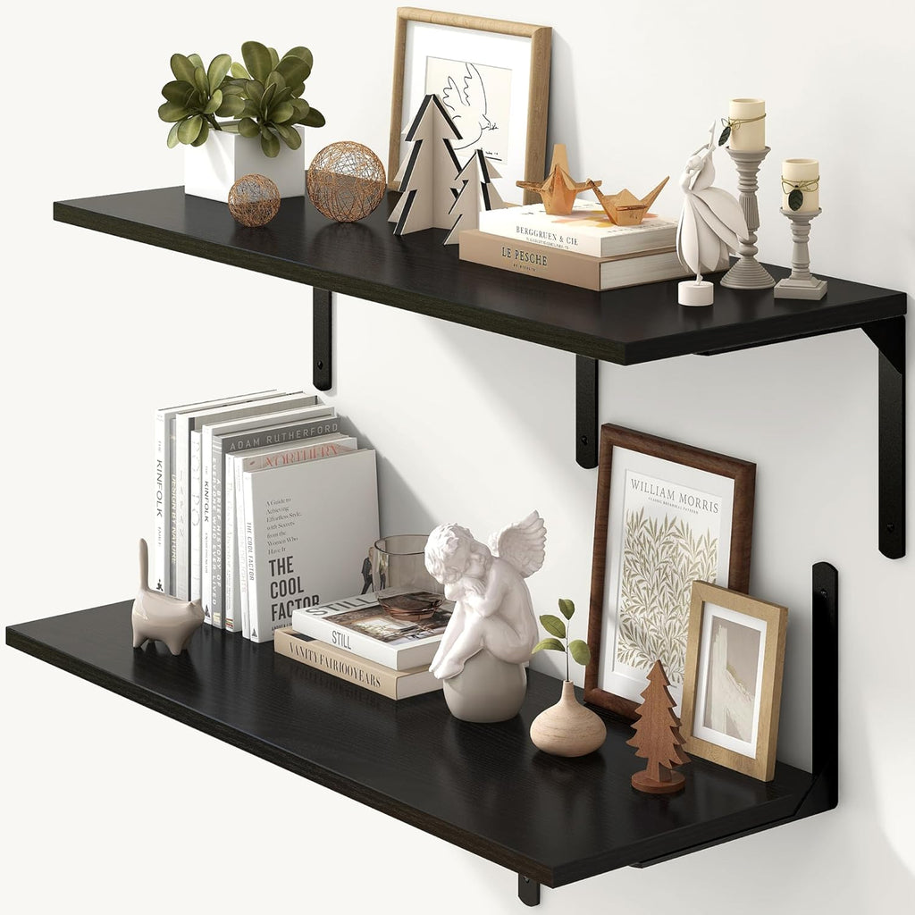 Fun Memories Floating Shelves for Wall, 12 Inch Deep Floating Shelves Set of 2, Wall Mounted Shelf with Metal Brackets, Rustic Wood Wide Shelf for Bathroom, Kitchen and Living Room, Black, 36W x 12D