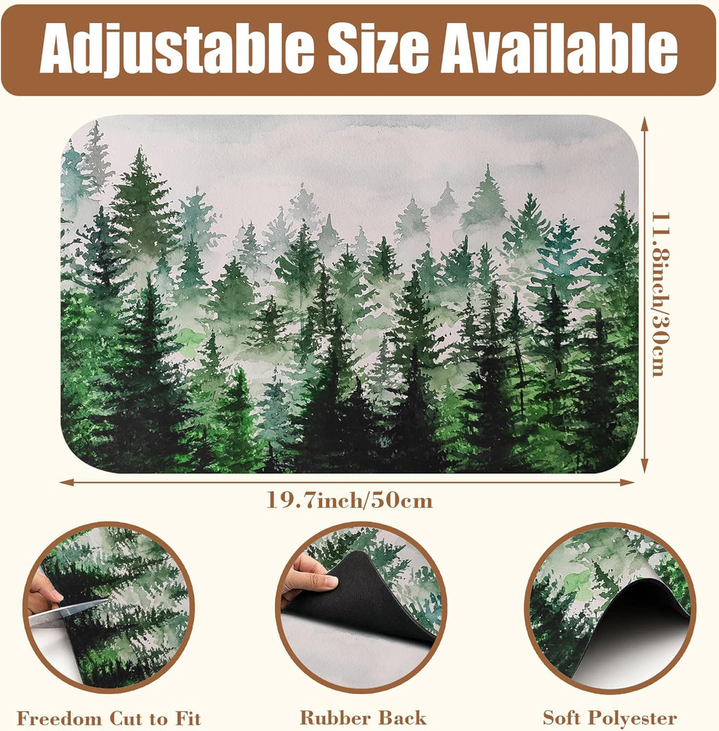 Dish Drying Mat Watercolor Foggy Forest Coffee Bar Mat for Countertop Absorbent Rubber Backed Hide Stain Dish Drainer Rack Pad Coffee Maker Espresso Machine Dining Room Decor 11.8 x 19.7 Inch