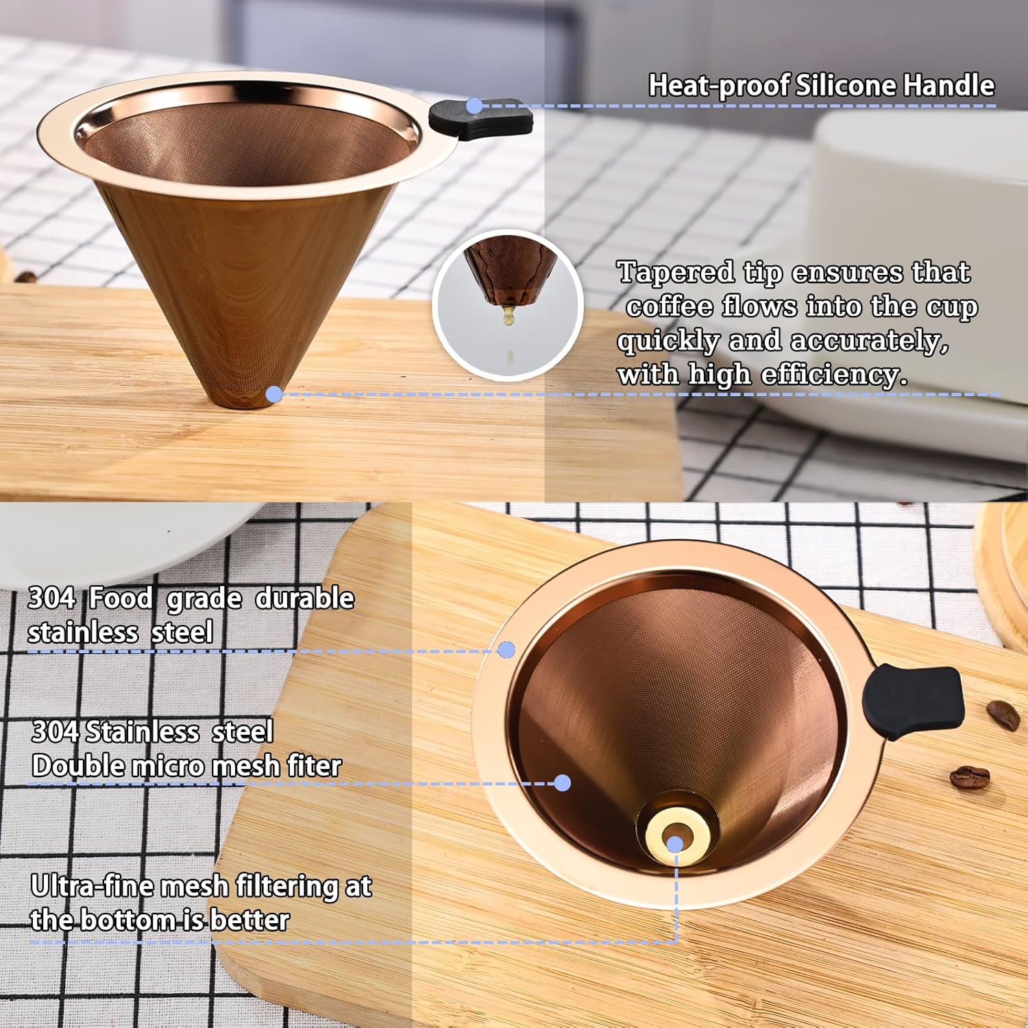 Small Size Pour Over Coffee Filter Dripper, Stainless Steel Metal Cone Drip Coffee Filter, Paperless and Permanently Reusable, Double Mesh Coffee,Tea Filter for 1-2 Cups