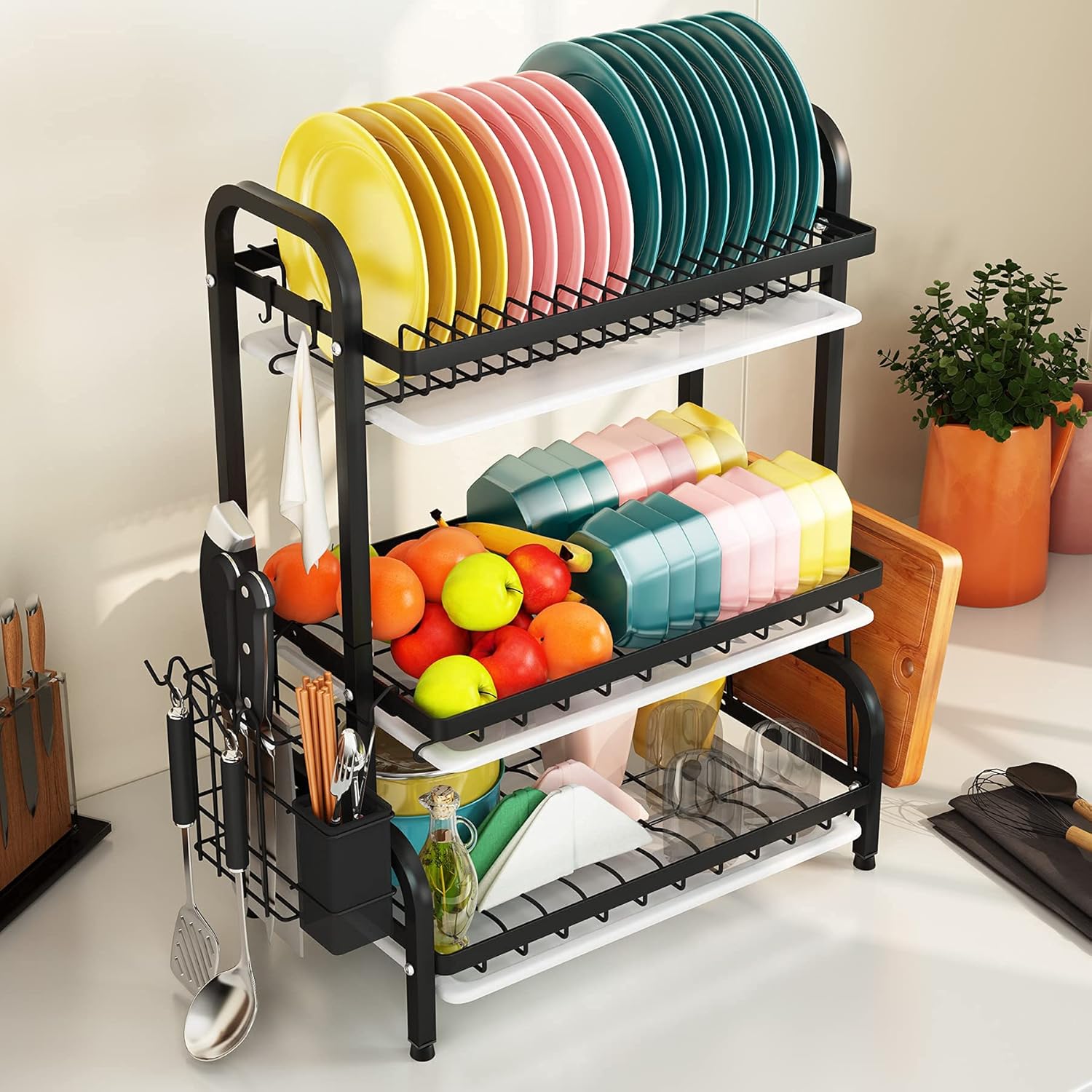 1Easylife Drying Rack, Metal 3-Tier Large Capacity Dish Rack with Utensil Holder, Cutting Board Holder, Drain Board Tray for Kitchen Counter Storage (Black)