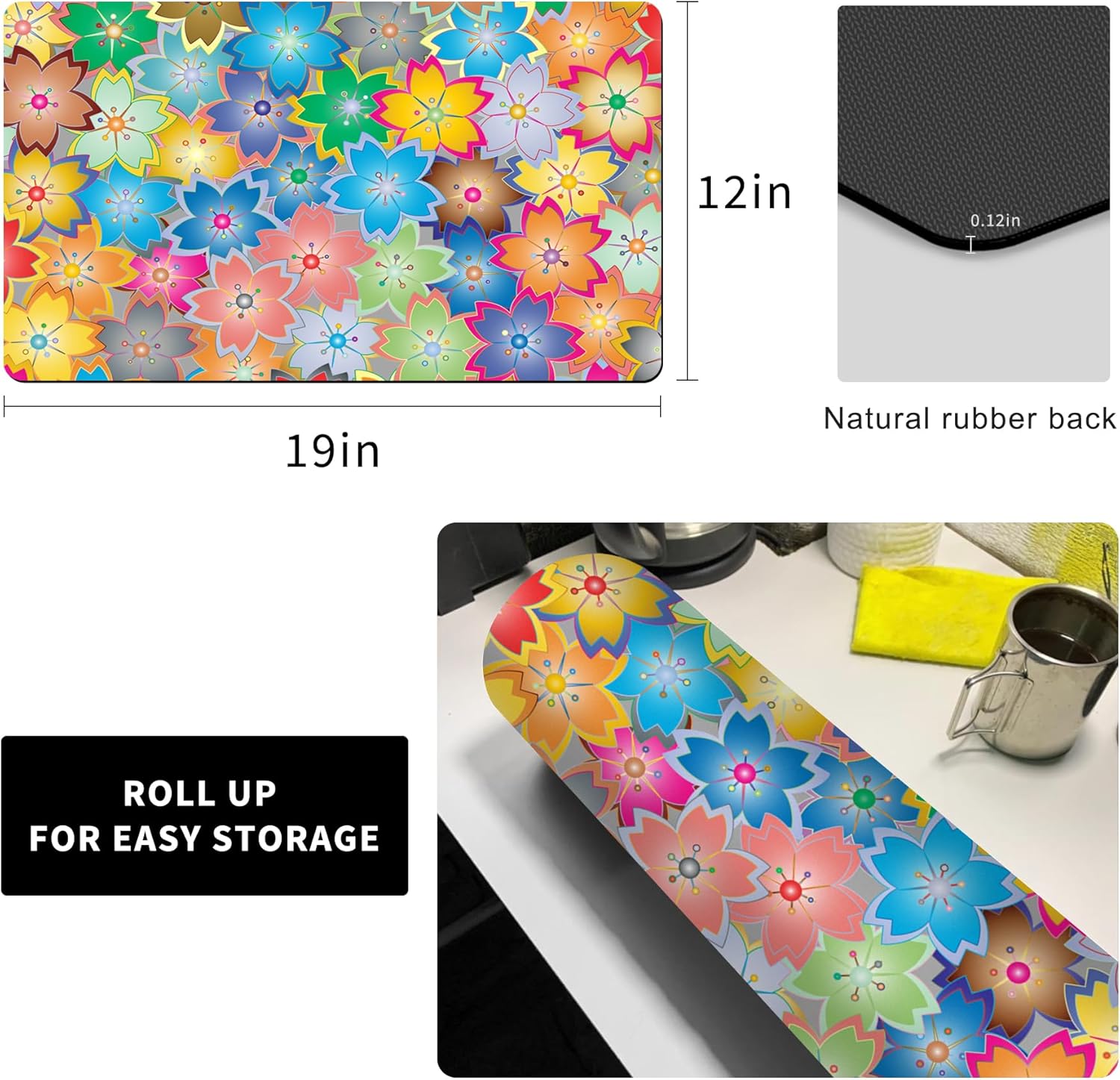 Coffee Mat for Kitchen Counter - Hide Stain Absorbent Dish Drying Mat, Rubber Coffee Bar Mats, Drying Pads, Accessories Fit Under Tea Pot, Cafe Maker, Espresso Machine, Dish Rack, 19"x12", Flowers